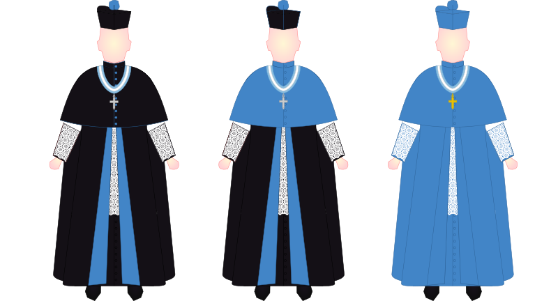 The scheme of the ICKSP canon choir dress, from the left: priest, superior and prior general