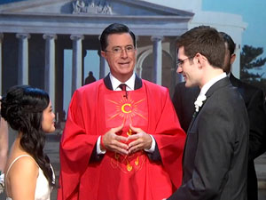 Stephen Colbert officiating at the wedding of Mike Cassesso and MaiLien Le