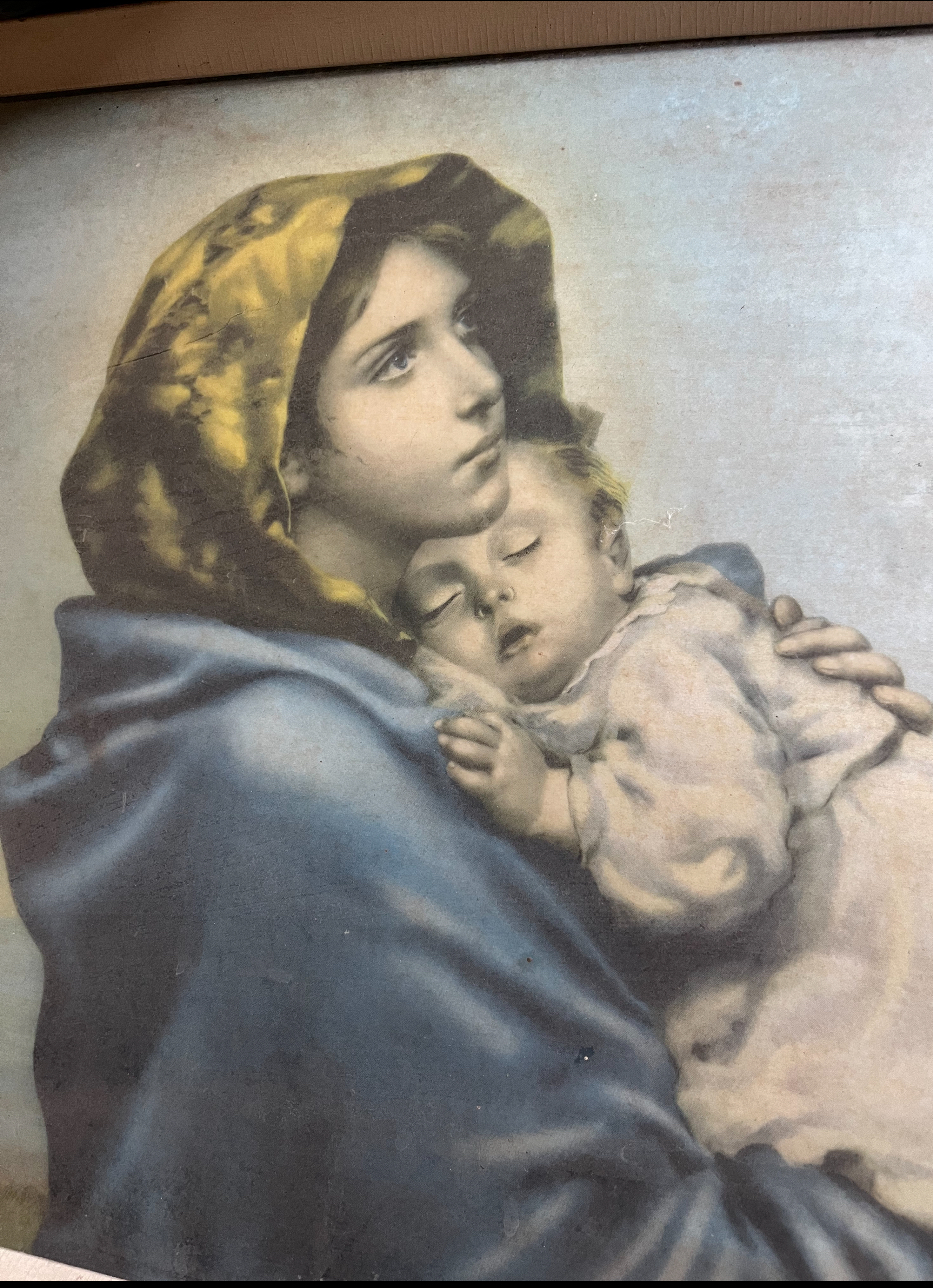Centre Image originally thoughts to be were Mary and Baby Jesus. Though finding now the original Italian artist called this the Madonnina by Roberto Ferruzzi, Original which is missing, so who really knows?
